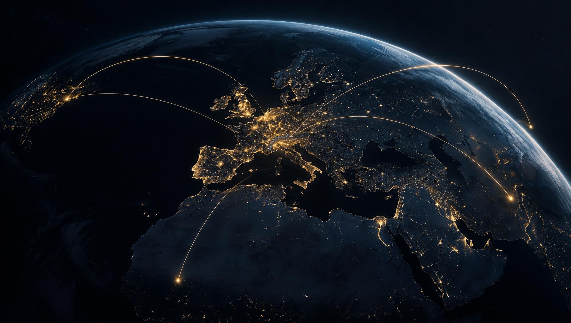 Night view of Europe with golden connection lines across the globe
